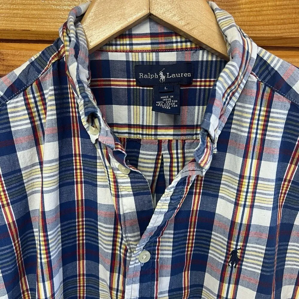 Polo Ralph Lauren Button Up Shirt Youth Boys Large 14-16 Plaid Pony Short Sleeve